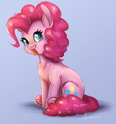 Size: 2016x2149 | Tagged: safe, artist:buttersprinkle, character:pinkie pie, blep, blue background, chest fluff, cute, diapinkes, female, high res, simple background, sitting, solo, tongue out