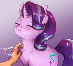 Size: 2804x2542 | Tagged: safe, alternate version, artist:buttersprinkle, character:starlight glimmer, species:human, species:pony, behaving like a cat, blushing, buttersprinkle is trying to murder us, chest fluff, cute, dawwww, disembodied hand, eyes closed, glimmerbetes, hand, human on pony petting, offscreen character, offscreen human, petting, purring, scratching, simple background