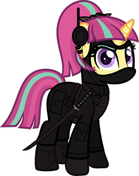 Size: 5000x6334 | Tagged: safe, artist:n0kkun, character:sour sweet, species:pony, species:unicorn, armor, belt, body armor, boots, clothing, commission, disguise, disguised changeling, ear piercing, earring, equestria girls ponified, eyeshadow, female, freckles, gloves, headset, jacket, jewelry, katana, makeup, mare, mask, ninja, pants, piercing, ponified, shoes, simple background, smiling, smirk, solo, sword, transparent background, weapon