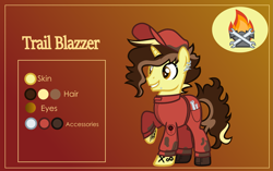 Size: 3001x1881 | Tagged: safe, alternate version, artist:n0kkun, oc, oc only, oc:trail blazer (ice1517), species:pony, species:unicorn, boots, clothing, commission, ear piercing, earring, eyebrows, gradient background, grin, hat, jewelry, jumpsuit, lip piercing, male, mechanic, multicolored hair, oil, piercing, raised hoof, reference sheet, shoes, smiling, solo, stallion, tattoo
