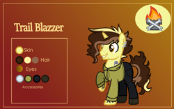 Size: 3999x2507 | Tagged: safe, alternate version, artist:n0kkun, oc, oc only, oc:trail blazer (ice1517), species:pony, species:unicorn, boots, clothing, commission, ear piercing, earring, eyebrows, gradient background, grin, hoodie, jeans, jewelry, lip piercing, male, multicolored hair, pants, piercing, raised hoof, reference sheet, shoes, smiling, solo, stallion, tattoo