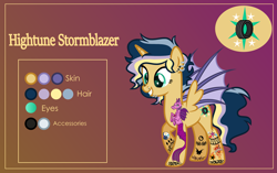 Size: 3999x2507 | Tagged: safe, artist:n0kkun, oc, oc only, oc:hightune stormblazer, parent:oc:elizabat stormfeather, parent:oc:trail blazer (ice1517), parents:oc x oc, species:alicorn, species:bat pony, species:pony, icey-verse, alicorn oc, bat pony alicorn, bat pony oc, bat wings, commission, ear piercing, earring, female, gradient background, grin, horn, jewelry, lip piercing, mare, multicolored hair, nose piercing, offspring, piercing, raised hoof, reference sheet, smiling, solo, tattoo, wings