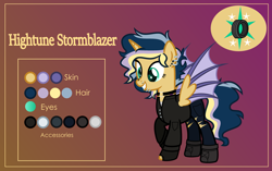 Size: 3999x2507 | Tagged: safe, alternate version, artist:n0kkun, oc, oc only, oc:hightune stormblazer, parent:oc:elizabat stormfeather, parent:oc:trail blazer (ice1517), parents:oc x oc, species:alicorn, species:bat pony, species:pony, icey-verse, alicorn oc, bat pony alicorn, bat pony oc, bat wings, boots, choker, clothing, commission, ear piercing, earring, female, fingerless gloves, gloves, gradient background, grin, horn, jacket, jeans, jewelry, leather jacket, lip piercing, mare, multicolored hair, nose piercing, offspring, pants, piercing, raised hoof, reference sheet, shoes, smiling, solo, tattoo, torn clothes, wings