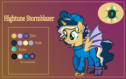 Size: 3999x2507 | Tagged: safe, alternate version, artist:n0kkun, oc, oc only, oc:hightune stormblazer, parent:oc:elizabat stormfeather, parent:oc:trail blazer (ice1517), parents:oc x oc, species:alicorn, species:bat pony, species:pony, icey-verse, alicorn oc, bat pony alicorn, bat pony oc, bat wings, clothing, commission, ear piercing, earring, female, gradient background, grin, hat, horn, jewelry, jumpsuit, lip piercing, mare, mechanic, multicolored hair, nose piercing, offspring, oil, piercing, raised hoof, reference sheet, smiling, solo, tattoo, wings