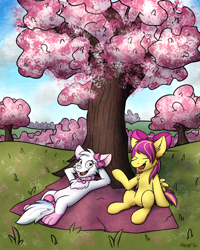 Size: 2000x2500 | Tagged: safe, artist:moemneop, oc, oc:akemi, oc:shimmer rose, species:pegasus, species:pony, bow, cat, cherry blossoms, female, flower, flower blossom, furry, hair bow, mare, tree