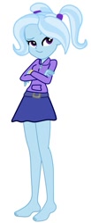 Size: 337x819 | Tagged: safe, artist:gmaplay, edit, editor:thomasfan45, character:trixie, species:human, my little pony:equestria girls, alternate hairstyle, arms folded, babysitter trixie, barefoot, belt, clothing, cute, feet, female, hoodie, legs, pigtails, simple background, skirt, smiling, smirk, solo, twintails, vector, white background