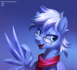 Size: 3300x3000 | Tagged: safe, artist:jedayskayvoker, oc, oc:daily air, species:pegasus, species:pony, bust, clothing, cute, glasses, gradient background, handsome, high res, male, ok hand sign, okay, open mouth, scarf, solo, wing hands, wings, 👌