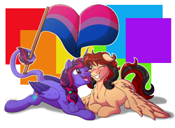 Size: 3000x2200 | Tagged: safe, artist:jack-pie, oc, oc only, species:pegasus, species:pony, bisexual pride flag, colored wings, duo, flag, high res, multicolored wings, one eye closed, open mouth, pride flag, pride month, smiling, teeth, wings