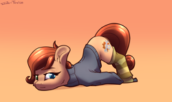 Size: 2700x1600 | Tagged: safe, artist:shido-tara, oc, oc only, oc:rusty gears, species:earth pony, species:pony, clothing, face down ass up, female, gradient background, mare, socks, solo, striped socks, sweater