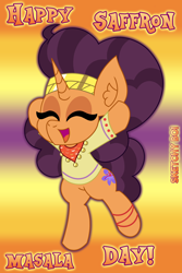 Size: 2000x3000 | Tagged: safe, artist:snakeythingy, character:saffron masala, best pony, birthday, gradient background, happy, story included