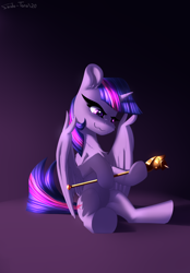 Size: 1600x2300 | Tagged: safe, artist:shido-tara, character:twilight sparkle, character:twilight sparkle (alicorn), species:alicorn, species:pony, species:unicorn, evil, female, mare, scepter, simple background, sitting, smiling, smirk, solo, twilight scepter