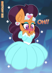 Size: 2400x3400 | Tagged: safe, artist:snakeythingy, character:saffron masala, episode:what lies beneath, g4, my little pony: friendship is magic, blushing, clothes swap, clothing, dress, glow, gown, jewelry, princess, story included, tiara