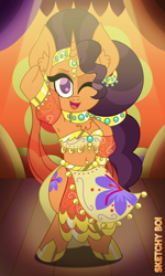 Size: 2400x4000 | Tagged: safe, artist:snakeythingy, character:saffron masala, belly dancer, belly dancer outfit, bipedal, dancer, harem outfit, looking at you, one eye closed, story included, the tasty treat, wink, winking at you