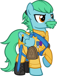 Size: 1006x1355 | Tagged: safe, artist:n0kkun, oc, oc only, oc:azure glide, species:pegasus, species:pony, beard, commission, facial hair, medals, military uniform, scar, simple background, solo, sword, transparent background, vector, weapon