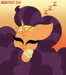 Size: 1600x1800 | Tagged: safe, artist:snakeythingy, character:saffron masala, species:pony, species:unicorn, female, floofy mane, fluffy, gradient background, lineless, mare, onomatopoeia, poofy mane, sleeping, solo, sound effects, story included, zzz