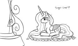 Size: 1024x601 | Tagged: safe, artist:sugar-loop, character:princess celestia, species:alicorn, species:pony, newbie artist training grounds, atg 2020, black and white, crying, female, folded wings, grayscale, implied sunset shimmer, magic mirror, mare, monochrome, prone, sad, signature, solo, wings