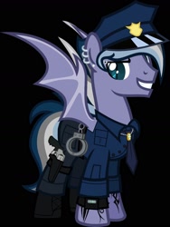 Size: 1250x1666 | Tagged: safe, artist:n0kkun, oc, oc:night storm (ice1517), species:bat pony, species:pony, bat pony oc, bat wings, black background, boots, clothing, cuffs, ear piercing, earring, eyebrow piercing, grin, gun, handgun, hat, holster, jewelry, male, multicolored hair, necklace, necktie, pants, piercing, police, police hat, police officer, revolver, ring, shirt, shoes, simple background, smiling, solo, stallion, tattoo, watch, wedding ring, wings, wristwatch
