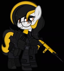 Size: 1500x1667 | Tagged: safe, artist:n0kkun, oc, oc only, oc:zealous stripes, species:earth pony, species:pony, armor, assault rifle, bedroom eyes, black background, boots, call of duty, clothing, commission, eyeshadow, female, glasses, gloves, grin, gun, handgun, knee pads, m4a1, makeup, mare, modern warfare, pants, pistol, rifle, shoes, simple background, smiling, solo, weapon
