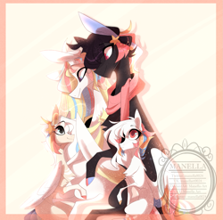 Size: 1619x1600 | Tagged: safe, artist:manella-art, oc, oc only, oc:akatsuki, oc:minami dreams, oc:minato, oc:rainbow dreams, parent:oc:akatsuki, parent:oc:rainbow dreams, parents:oc x oc, species:pegasus, species:pony, chest fluff, closed species, clothing, colored wings, cute, family photo, female, filly, hair accessory, hoof on belly, horn, looking at belly, looking down, looking up, male, mare, multicolored hair, multicolored wings, offspring, original species, pregnant, rainbow hair, rainbow tail, scarf, simple background, stallion, stars, suisei pony, two toned wings, watermark, wings
