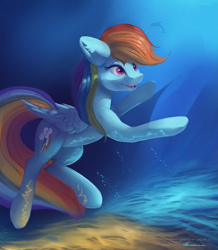 Size: 3491x4000 | Tagged: safe, artist:auroriia, artist:galinn-arts, character:rainbow dash, species:pegasus, species:pony, absurd resolution, bubble, collaboration, crepuscular rays, dolphin, female, ocean, open mouth, signature, smiling, solo, sunlight, teeth, underwater, water, wings