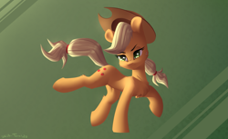 Size: 2775x1700 | Tagged: safe, artist:shido-tara, character:applejack, angry, clothing, hat, jumping, raised tail, simple background, tail, wallpaper