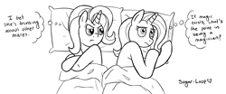 Size: 2000x835 | Tagged: safe, artist:sugar-loop, character:starlight glimmer, character:trixie, species:pony, species:unicorn, newbie artist training grounds, bed, female, mare, meme, monochrome, thinking