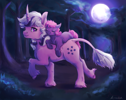 Size: 5000x4000 | Tagged: safe, artist:buttersprinkle, character:ember (g1), character:twilight (g1), species:classical unicorn, species:earth pony, species:pony, species:unicorn, g1, carrying, cloven hooves, commission, curved horn, cute, duo, duo female, female, filly, forest, full moon, g1betes, horn, leonine tail, mare, moon, night, piggyback ride, ponies riding ponies, riding, sleeping, smiling, tail, twilight (g1), unshorn fetlocks, young