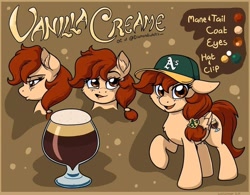 Size: 672x523 | Tagged: safe, artist:latecustomer, oc, oc only, oc:vanilla creame, species:pony, alcohol, baseball cap, beer, cap, clothing, cute, female, happy, hat, mare, oakland athletics, reference sheet, simple background