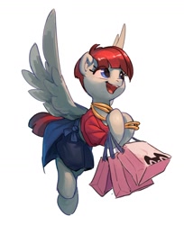 Size: 1298x1587 | Tagged: safe, artist:luciferamon, character:valley glamour, species:pegasus, species:pony, clothing, cute, ear fluff, female, flying, mare, open mouth, shopping bags, simple background, solo, spread wings, tmall, white background, wings