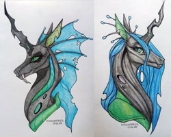 Size: 1600x1280 | Tagged: safe, artist:dementra369, character:queen chrysalis, species:changeling, alternate design, bust, changeling queen, colored pencil drawing, comparison, fangs, female, portrait, solo, traditional art