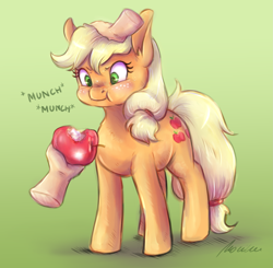 Size: 1955x1915 | Tagged: safe, artist:buttersprinkle, character:applejack, species:earth pony, species:human, species:pony, apple, blushing, cute, disembodied hand, eating, female, food, hand, herbivore, horses doing horse things, jackabetes, munching, offscreen character, offscreen human, petting, simple background, that pony sure does love apples