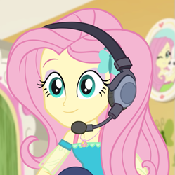 Size: 715x719 | Tagged: safe, artist:invisibleink, character:fluttershy, g4, my little pony: equestria girls, my little pony:equestria girls, bedroom, clothing, gamershy, gaming, headset, smiling