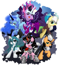 Size: 1024x1130 | Tagged: safe, artist:geraritydevillefort, character:applejack, character:discord, character:fluttershy, character:king sombra, character:lord tirek, character:midnight sparkle, character:nightmare moon, character:pinkie pie, character:princess luna, character:queen chrysalis, character:rainbow dash, character:rarity, character:twilight sparkle, species:pony, my little pony:equestria girls, clothing, cosplay, costume, mane six, midnight sparkle, redraw, simple background, transparent background