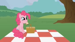 Size: 1432x808 | Tagged: safe, artist:forgalorga, character:pinkie pie, species:earth pony, species:pony, basket, cute, diapinkes, female, food, forgalorga is trying to murder us, herbivore, it's picnic time, mare, picnic basket, picnic blanket, sandwich, solo, sweet dreams fuel, tree