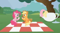 Size: 1436x806 | Tagged: safe, artist:forgalorga, character:applejack, character:fluttershy, character:pinkie pie, species:earth pony, species:pegasus, species:pony, apple, basket, butt, cup, female, flutterbutt, food, it's picnic time, mare, picnic basket, picnic blanket, tea, tea kettle, teacup