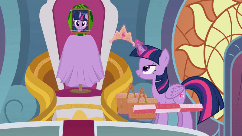 Size: 800x450 | Tagged: safe, artist:forgalorga, character:twilight sparkle, character:twilight sparkle (alicorn), species:alicorn, species:pegasus, species:pony, animated, clothing, crown, female, flying, food, gif, horrified, it's picnic time, jewelry, magic, maid, melon lord, paperwork, regalia, shocked, smiling, telekinesis, teleportation, throne, throne room, watermelon, wings