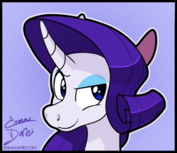 Size: 900x777 | Tagged: safe, artist:enma-darei, character:rarity, species:pony, species:unicorn, bust, curved horn, female, horn, lidded eyes, mare, portrait, smiling, solo