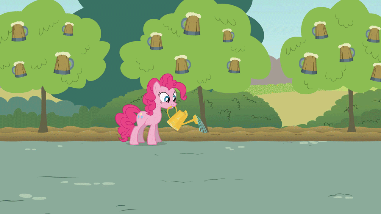 Size: 1280x720 | Tagged: safe, artist:forgalorga, character:pinkie pie, species:earth pony, species:pony, animated, cider, cute, diapinkes, female, mouth hold, pinkie being pinkie, show accurate, solo, tree, watering can, youtube link