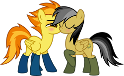 Size: 7000x4315 | Tagged: safe, alternate version, artist:n0kkun, character:daring do, character:spitfire, species:pegasus, species:pony, ship:daringfire, bedroom eyes, blushing, clothing, eyes closed, female, kissing, lesbian, mare, raised hoof, shipping, simple background, socks, transparent background