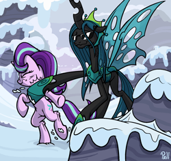 Size: 1322x1246 | Tagged: safe, artist:pirill, character:derpy hooves, character:queen chrysalis, character:starlight glimmer, species:changeling, species:pony, species:unicorn, newbie artist training grounds, episode:the ending of the end, g4, my little pony: friendship is magic, abuse, armor, atg 2020, bitch slap, changeling queen, chrysalis sure does hate starlight, cloud, cutie mark, duo, enemies, falling, female, fight, fluffy, glimmerbuse, ground, hitting, horn, lev punch edit, meme, mountain, parody, punch, rock, scene parody, signature, sky, smug, snow, starlight vs chrysalis, sunglasses, the last of us, the last of us part ii, ultimate chrysalis, violence, wings