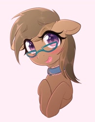 Size: 1589x2048 | Tagged: safe, artist:fluffymaiden, oc, oc only, oc:dawnsong, species:earth pony, species:pony, blushing, bust, collar, female, glasses, looking at you, mare, pink background, simple background, solo
