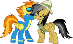 Size: 7000x4291 | Tagged: safe, alternate version, artist:n0kkun, character:daring do, character:spitfire, species:pegasus, species:pony, ship:daringfire, bedroom eyes, blushing, clothing, eyes closed, female, goggles, hat, kissing, lesbian, mare, raised hoof, shipping, shirt, simple background, transparent background, uniform, wonderbolts, wonderbolts uniform