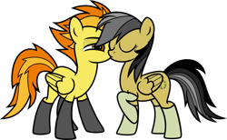 Size: 7000x4315 | Tagged: safe, alternate version, artist:icey-wicey-1517, artist:n0kkun, edit, character:daring do, character:spitfire, species:pegasus, species:pony, ship:daringfire, bedroom eyes, clothing, collaboration, color edit, colored, eyes closed, female, kissing, lesbian, mare, raised hoof, shipping, simple background, socks, transparent background