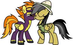 Size: 7000x4291 | Tagged: safe, alternate version, artist:icey-wicey-1517, artist:n0kkun, edit, character:daring do, character:spitfire, species:pegasus, species:pony, ship:daringfire, bedroom eyes, clothing, collaboration, color edit, colored, costume, eyes closed, female, goggles, hat, kissing, lesbian, mare, raised hoof, shadowbolts, shadowbolts costume, shipping, shirt, simple background, transparent background