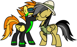 Size: 7000x4291 | Tagged: safe, alternate version, artist:icey-wicey-1517, artist:n0kkun, edit, character:daring do, character:spitfire, species:pegasus, species:pony, ship:daringfire, episode:the washouts, g4, my little pony: friendship is magic, bedroom eyes, clothing, collaboration, color edit, colored, eyes closed, female, goggles, hat, kissing, lesbian, mare, raised hoof, shipping, shirt, simple background, transparent background, uniform, washouts uniform