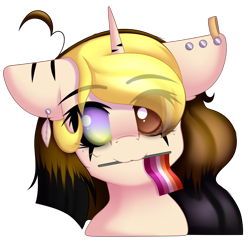 Size: 3000x3000 | Tagged: safe, artist:xcinnamon-twistx, part of a set, oc, oc only, species:pony, commission, ear piercing, earring, eye clipping through hair, female, flag, heterochromia, jewelry, lesbian, lesbian pride flag, lgbt, looking at you, mouth hold, piercing, pride, pride flag, pride ponies, simple background, solo, transparent background, ych result