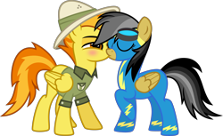 Size: 7000x4294 | Tagged: safe, artist:n0kkun, character:daring do, character:spitfire, species:pegasus, species:pony, ship:daringfire, bedroom eyes, blushing, clothes swap, clothing, eyes closed, female, goggles, hat, kissing, lesbian, mare, raised hoof, shipping, shirt, simple background, transparent background, uniform, wonderbolts, wonderbolts uniform