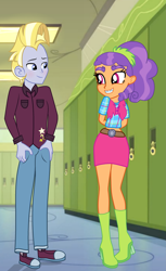 Size: 2137x3497 | Tagged: safe, artist:gmaplay, artist:sparkling-sunset-s08, edit, character:plaid stripes, character:star tracker, episode:once upon a zeppelin, episode:the saddle row review, g4, my little pony: friendship is magic, my little pony:equestria girls, blushing, boots, braces, canterlot high, clothing, equestria girls-ified, female, hallway, high heel boots, lockers, male, midriff, shipping, shoes, show accurate, skirt, sneakers, starstripes, straight