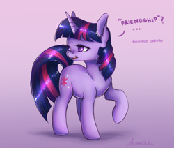 Size: 2361x2000 | Tagged: safe, artist:buttersprinkle, character:twilight sparkle, character:twilight sparkle (unicorn), species:pony, species:unicorn, dialogue, disgusted, ear fluff, eyelashes, female, high res, mare, out of character, purple background, simple background, solo, text