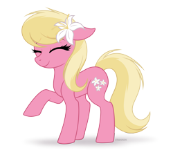 Size: 2865x2601 | Tagged: safe, artist:starshade, character:lily, character:lily valley, species:earth pony, species:pony, cute, eyes closed, female, floppy ears, flower, flower in hair, full body, mare, raised hoof, simple background, smiling, solo, transparent background